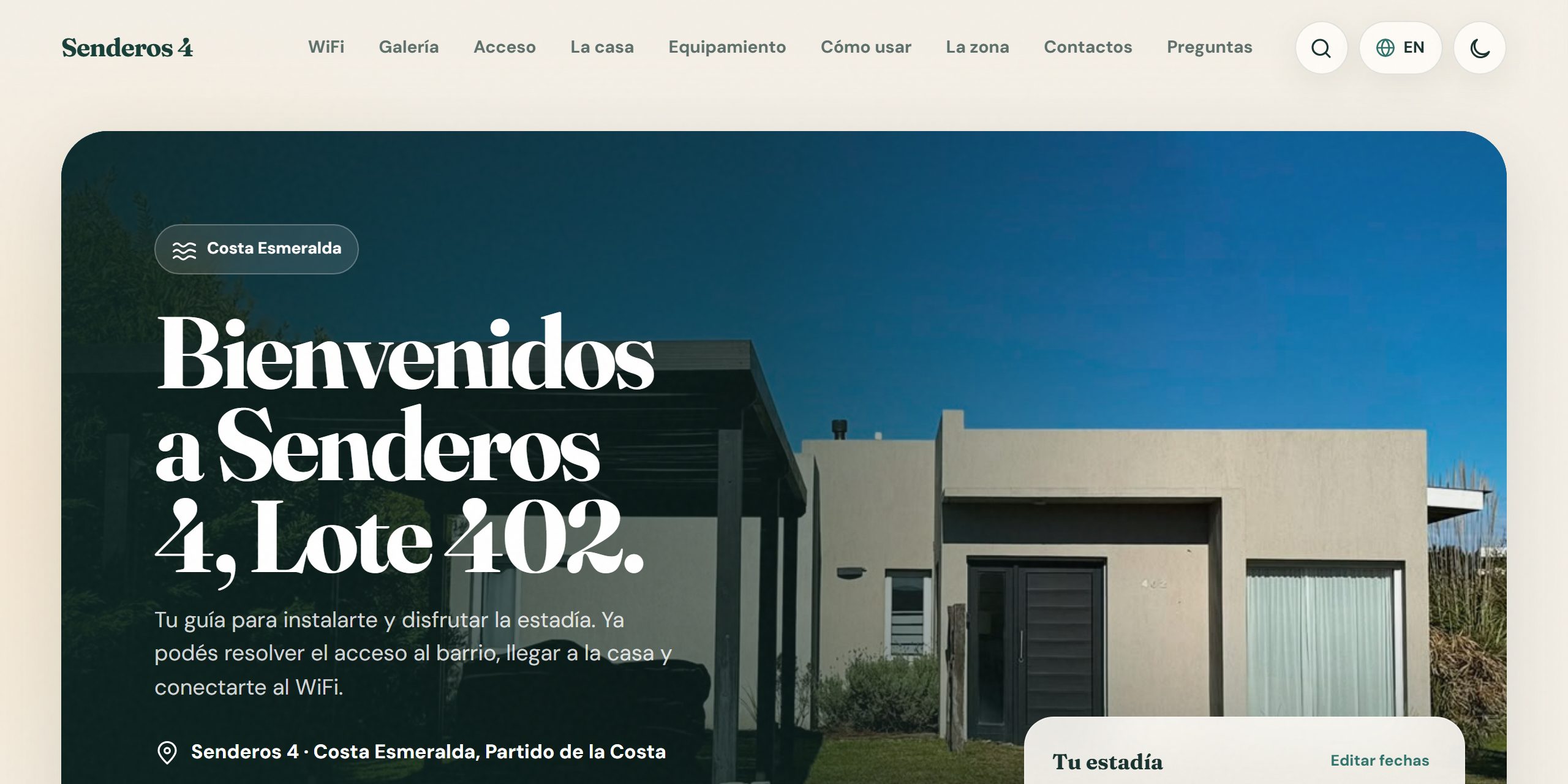 Sitio de Senderos 4 en Costa Esmeralda, con el manual digital de la casa